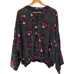 Express Sheer Polka Dot Floral Top Medium Black Lace Up Romantic Y2K VTG